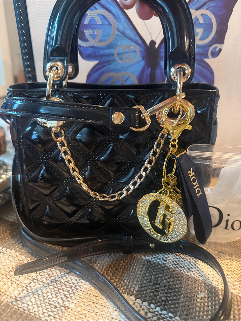 Black mini  Patent Quilted Satchel with Gold Chain and GWP Dior Charm
